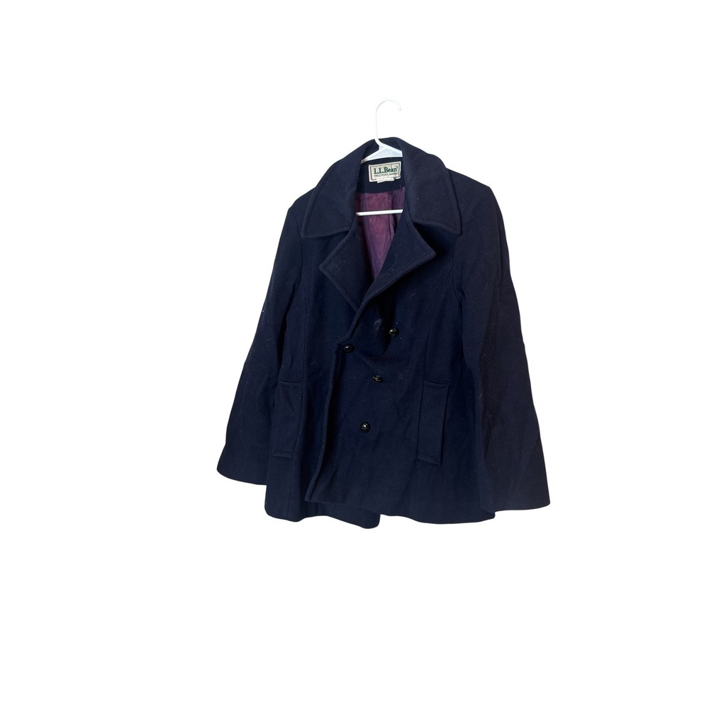 Vintage L.L. Bean Coat Womens 14 Blue Wool Pea Made USA Lined Double Breasted